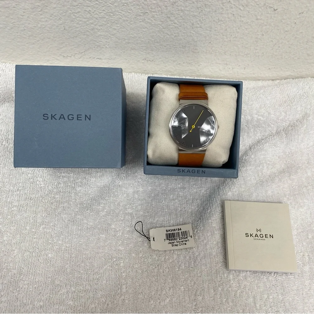 Skagen Men's Cognac Leather Ancher Gray Stainless Steel Adjustable Watch Classic